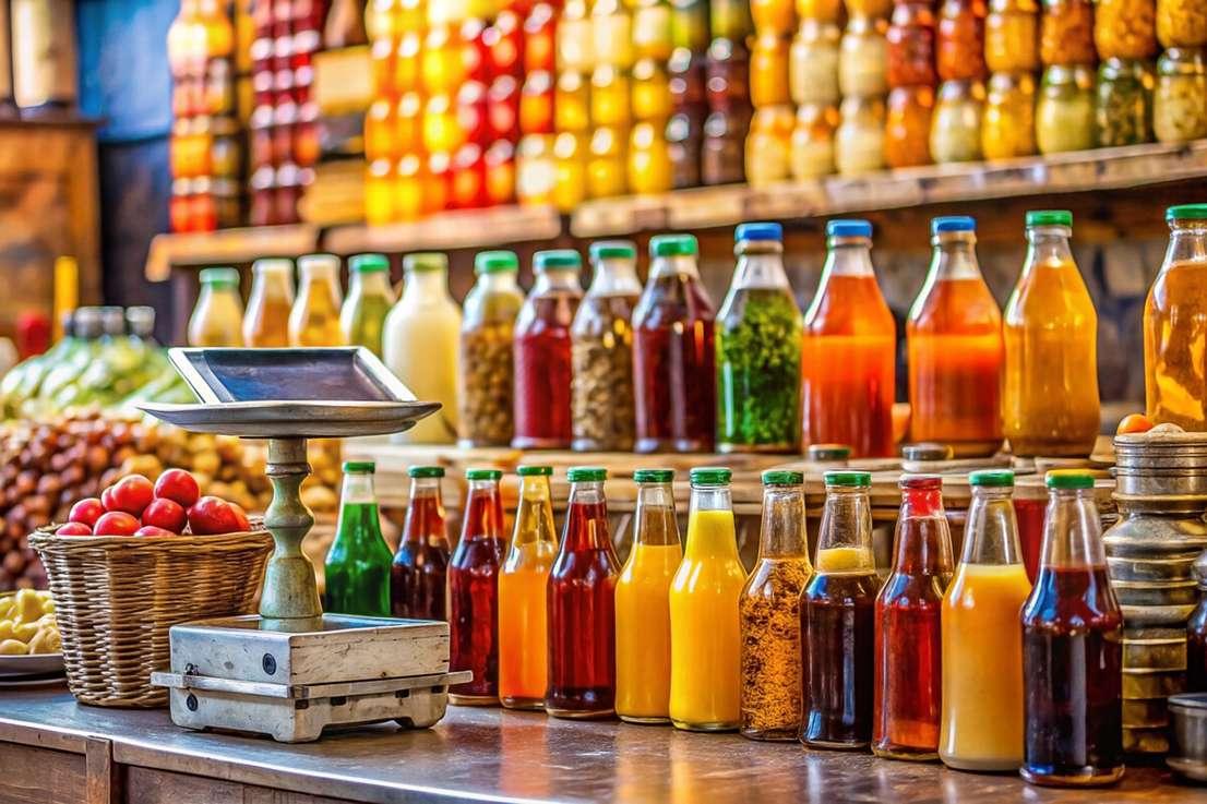 Bottled drinks and prepared foods on display at a local market